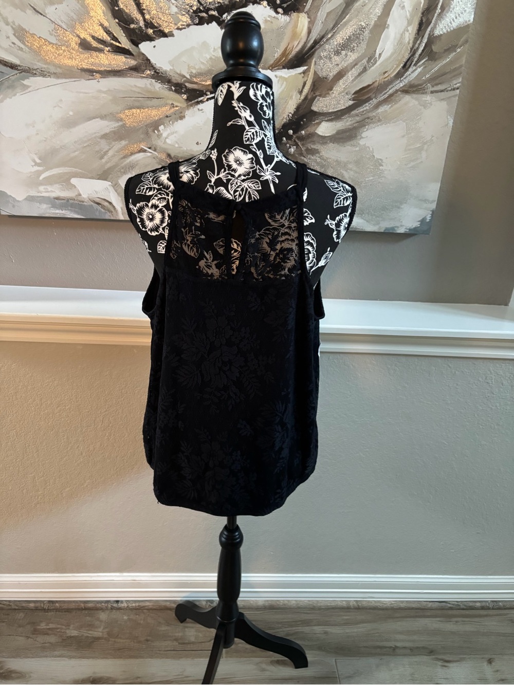 INC International Concepts Black Top with White Floral Lace Detail - Picture 2 of 3